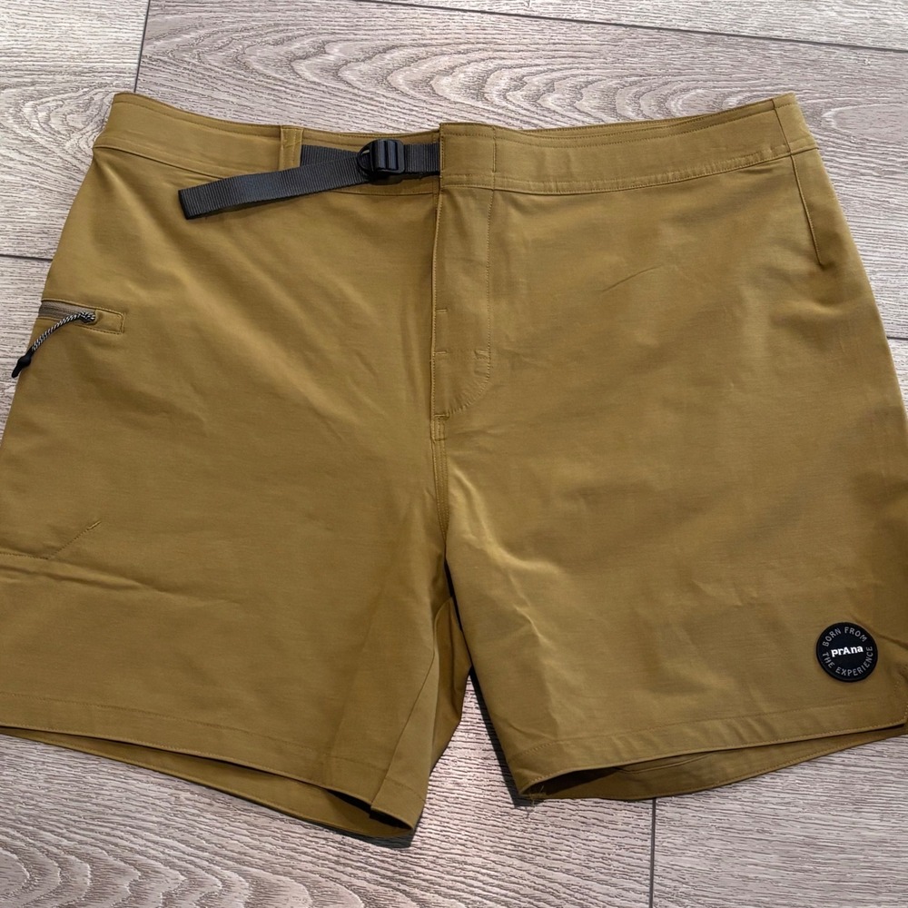 Prana Rock Shock Boardshort Mens 36 Retro Olive Webbing Belt Stretch Swim Trunks